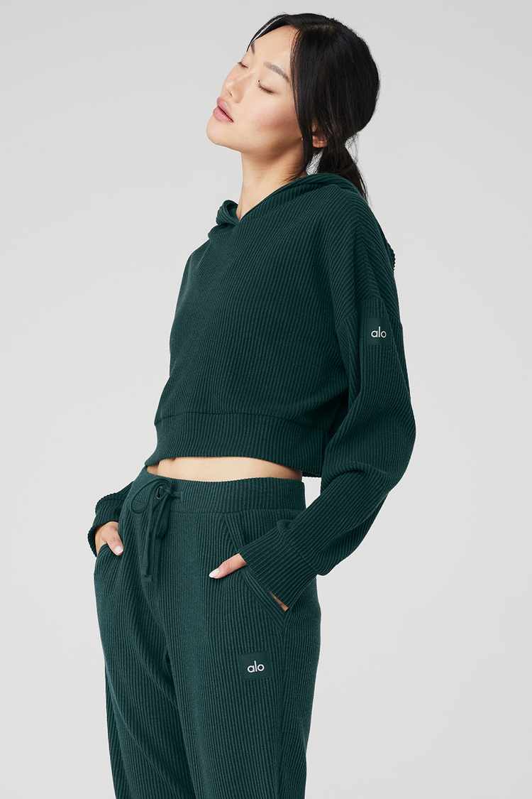 Alo Muse Ribbed Crop Hoodie in Midnight Green